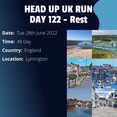 Run Route Day 122 - Rest Day - Lymington, England This is a scheduled rest day. If you live in or nearby this area and would like to arrange a talk, presentation or meeting with Paul, please get in touch.If you are part of a group, business, organisation or establishment and would like to help or be involved on the day, please get in touch at paul@head-up.org.uk