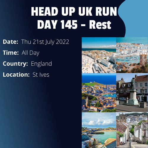 Run Route Day 145 - Rest Day - St Ives, England This is a scheduled rest day. If you live in or nearby this area and would like to arrange a talk, presentation or meeting with Paul, please get in touch.

If you are part of a group, business, organisation or establishment and would like to help or be involved on the day, please get in touch at paul@head-up.org.uk