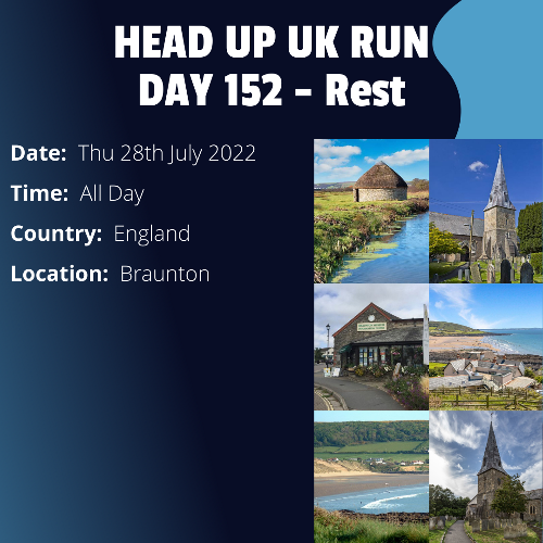 Run Route Day 152 - Rest Day - Braunton, England This is a scheduled rest day. If you live in or nearby this area and would like to arrange a talk, presentation or meeting with Paul, please get in touch.

If you are part of a group, business, organisation or establishment and would like to help or be involved on the day, please get in touch at paul@head-up.org.uk