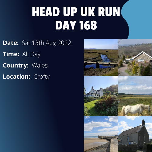 Run Route Day 168 - Rest Day - Crofty, Wales This is a scheduled rest day. If you live in or nearby this area and would like to arrange a talk, presentation or meeting with Paul, please get in touch.If you are part of a group, business, organisation or establishment and would like to help or be involved on the day, please get in touch at paul@head-up.org.uk
