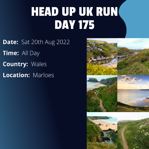 Run Route Day 175 - Rest Day - Marloes, Wales This is a scheduled rest day. If you live in or nearby this area and would like to arrange a talk, presentation or meeting with Paul, please get in touch.If you are part of a group, business, organisation or establishment and would like to help or be involved on the day, please get in touch at paul@head-up.org.uk