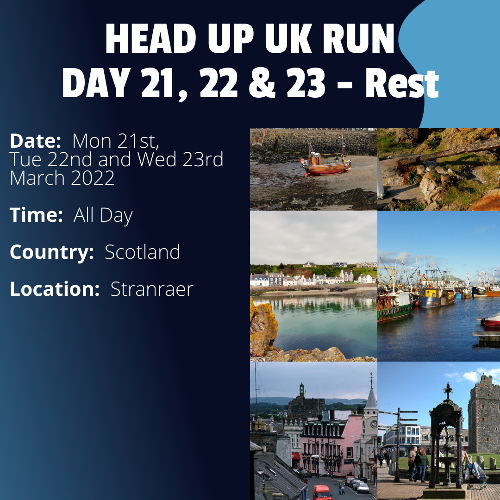 Run Route Days 21, 22 & 23 - Rest Day x 3 - Stranraer, Scotland This is a scheduled rest day. If you live in or nearby this area and would like to arrange a talk, presentation or meeting with Paul, please get in touch.If you are part of a group, business, organisation or establishment and would like to help or be involved on the day, please get in touch at paul@head-up.org.uk