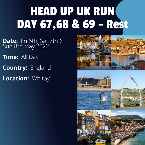 Run Route Day 67, 68 & 69 - Rest Day - Whitby, England This is a scheduled rest day. If you live in or nearby this area and would like to arrange a talk, presentation or meeting with Paul, please get in touch.If you are part of a group, business, organisation or establishment and would like to help or be involved on the day, please get in touch at paul@head-up.org.uk