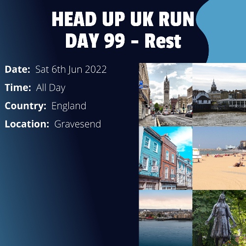 Run Route Day 99 - Rest Day - Gravesend, England This is a scheduled rest day. If you live in or nearby this area and would like to arrange a talk, presentation or meeting with Paul, please get in touch.If you are part of a group, business, organisation or establishment and would like to help or be involved on the day, please get in touch at paul@head-up.org.uk
