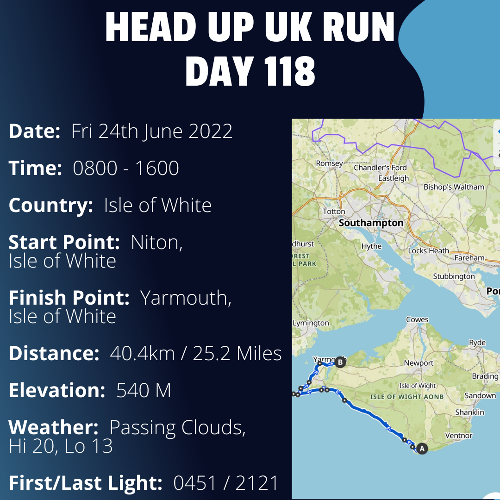 Run Route Day 118 - Niton, Isle of White - Yarmouth, Isle of White If you would like to join Paul along this route or part of it, please feel free to turn up on the day. If you are able to set up a fundraiser at the same time, even better! Please go to the 'Paul's Run' page a select the fundraise for Pauls event link. This will take you to the JustGiving account where you can then set up your own fundraiser.If you are part of a group, business, organisation or establishment and would like to help or be involved on the day, please get in touch at paul@head-up.org.ukIf you are able to put a poster up anywhere in your local area, Please ask and we will be happy to send you as many copies as you need.
