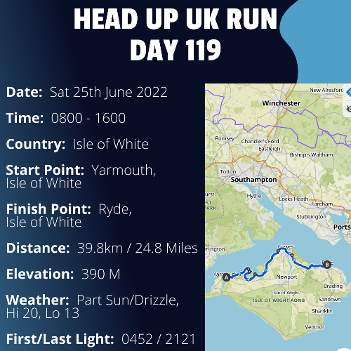 Run Route Day 119 - Yarmouth, Isle of White - Ryde, Isle of White If you would like to join Paul along this route or part of it, please feel free to turn up on the day. If you are able to set up a fundraiser at the same time, even better! Please go to the 'Paul's Run' page a select the fundraise for Pauls event link. This will take you to the JustGiving account where you can then set up your own fundraiser.If you are part of a group, business, organisation or establishment and would like to help or be involved on the day, please get in touch at paul@head-up.org.ukIf you are able to put a poster up anywhere in your local area, Please ask and we will be happy to send you as many copies as you need.