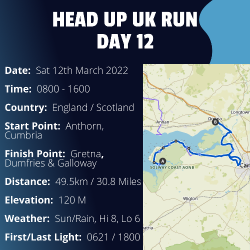 Run Route Day 12 - Anthorn, Cumbria - Gretna, Dumfries and Galloway If you would like to join Paul along this route or part of it, please feel free to turn up on the day. If you are able to set up a fundraiser at the same time, even better! Please go to the 'Paul's Run' page a select the fundraise for Pauls event link. This will take you to the JustGiving account where you can then set up your own fundraiser.If you are part of a group, business, organisation or establishment and would like to help or be involved on the day, please get in touch at paul@head-up.org.uk