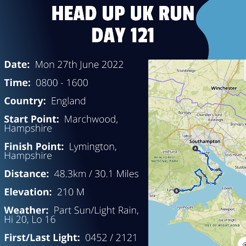 Run Route Day 121 - Marchwood, Hampshire - Lymington, Hampshire If you would like to join Paul along this route or part of it, please feel free to turn up on the day. If you are able to set up a fundraiser at the same time, even better! Please go to the 'Paul's Run' page a select the fundraise for Pauls event link. This will take you to the JustGiving account where you can then set up your own fundraiser.If you are part of a group, business, organisation or establishment and would like to help or be involved on the day, please get in touch at paul@head-up.org.ukIf you are able to put a poster up anywhere in your local area, Please ask and we will be happy to send you as many copies as you need.