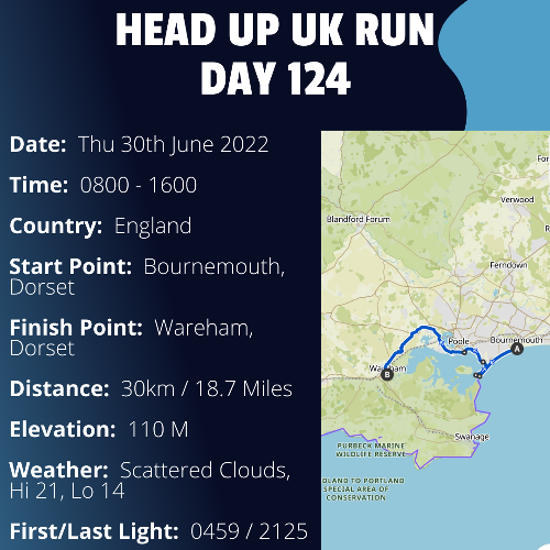 Run Route Day 124 - Bournemouth, Dorset - Wareham, Dorset If you would like to join Paul along this route or part of it, please feel free to turn up on the day. If you are able to set up a fundraiser at the same time, even better! Please go to the 'Paul's Run' page a select the fundraise for Pauls event link. This will take you to the JustGiving account where you can then set up your own fundraiser.If you are part of a group, business, organisation or establishment and would like to help or be involved on the day, please get in touch at paul@head-up.org.ukIf you are able to put a poster up anywhere in your local area, Please ask and we will be happy to send you as many copies as you need.