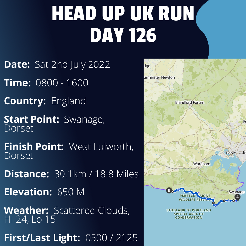 Run Route Day 126 - Swanage, Dorset - West Lulworth, Dorset If you would like to join Paul along this route or part of it, please feel free to turn up on the day. If you are able to set up a fundraiser at the same time, even better! Please go to the 'Paul's Run' page a select the fundraise for Pauls event link. This will take you to the JustGiving account where you can then set up your own fundraiser.

If you are part of a group, business, organisation or establishment and would like to help or be involved on the day, please get in touch at paul@head-up.org.uk

If you are able to put a poster up anywhere in your local area, Please ask and we will be happy to send you as many copies as you need.