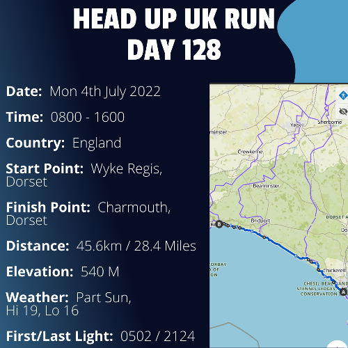 Run Route Day 128 - Wyke Regis, Dorset - Charmouth, Dorset If you would like to join Paul along this route or part of it, please feel free to turn up on the day. If you are able to set up a fundraiser at the same time, even better! Please go to the 'Paul's Run' page a select the fundraise for Pauls event link. This will take you to the JustGiving account where you can then set up your own fundraiser.If you are part of a group, business, organisation or establishment and would like to help or be involved on the day, please get in touch at paul@head-up.org.ukIf you are able to put a poster up anywhere in your local area, Please ask and we will be happy to send you as many copies as you need.
