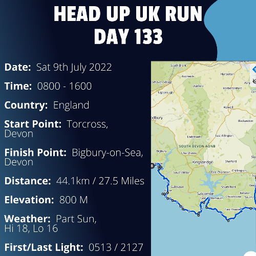 Run Route Day 133 - Torcross, Devon - Bigbury-on-Sea, Devon If you would like to join Paul along this route or part of it, please feel free to turn up on the day. If you are able to set up a fundraiser at the same time, even better! Please go to the 'Paul's Run' page a select the fundraise for Pauls event link. This will take you to the JustGiving account where you can then set up your own fundraiser.

If you are part of a group, business, organisation or establishment and would like to help or be involved on the day, please get in touch at paul@head-up.org.uk

If you are able to put a poster up anywhere in your local area, Please ask and we will be happy to send you as many copies as you need.