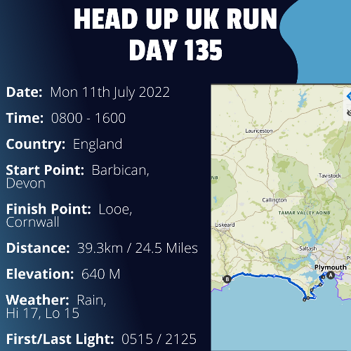 Run Route Day 135 - Barbican, Devon - Looe, Cornwall If you would like to join Paul along this route or part of it, please feel free to turn up on the day. If you are able to set up a fundraiser at the same time, even better! Please go to the 'Paul's Run' page a select the fundraise for Pauls event link. This will take you to the JustGiving account where you can then set up your own fundraiser.If you are part of a group, business, organisation or establishment and would like to help or be involved on the day, please get in touch at paul@head-up.org.ukIf you are able to put a poster up anywhere in your local area, Please ask and we will be happy to send you as many copies as you need.