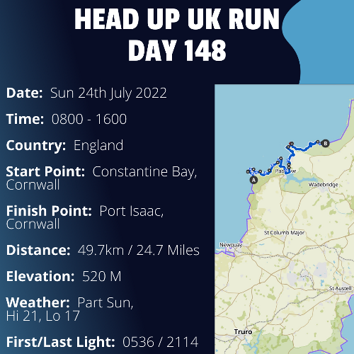Run Route Day 148 - Constantine Bay, Cornwall - Port Isaac, Cornwall If you would like to join Paul along this route or part of it, please feel free to turn up on the day. If you are able to set up a fundraiser at the same time, even better! Please go to the 'Paul's Run' page a select the fundraise for Pauls event link. This will take you to the JustGiving account where you can then set up your own fundraiser.If you are part of a group, business, organisation or establishment and would like to help or be involved on the day, please get in touch at paul@head-up.org.ukIf you are able to put a poster up anywhere in your local area, Please ask and we will be happy to send you as many copies as you need.