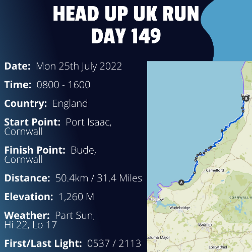Run Route Day 149 - Port Isaac, Cornwall - Bude, Cornwall If you would like to join Paul along this route or part of it, please feel free to turn up on the day. If you are able to set up a fundraiser at the same time, even better! Please go to the 'Paul's Run' page a select the fundraise for Pauls event link. This will take you to the JustGiving account where you can then set up your own fundraiser.If you are part of a group, business, organisation or establishment and would like to help or be involved on the day, please get in touch at paul@head-up.org.ukIf you are able to put a poster up anywhere in your local area, Please ask and we will be happy to send you as many copies as you need.