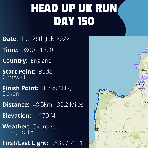 Run Route Day 150 - Bude, Cornwall - Bucks Mills, Devon If you would like to join Paul along this route or part of it, please feel free to turn up on the day. If you are able to set up a fundraiser at the same time, even better! Please go to the 'Paul's Run' page a select the fundraise for Pauls event link. This will take you to the JustGiving account where you can then set up your own fundraiser.

If you are part of a group, business, organisation or establishment and would like to help or be involved on the day, please get in touch at paul@head-up.org.uk

If you are able to put a poster up anywhere in your local area, Please ask and we will be happy to send you as many copies as you need.