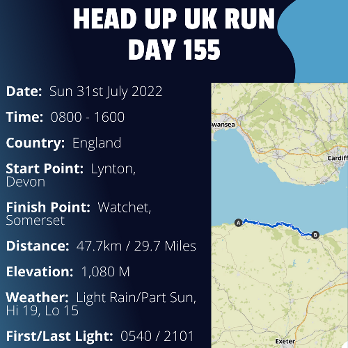 Run Route Day 155 - Lynton, Devon -  Watchet, Somerset If you would like to join Paul along this route or part of it, please feel free to turn up on the day. If you are able to set up a fundraiser at the same time, even better! Please go to the 'Paul's Run' page a select the fundraise for Pauls event link. This will take you to the JustGiving account where you can then set up your own fundraiser.If you are part of a group, business, organisation or establishment and would like to help or be involved on the day, please get in touch at paul@head-up.org.ukIf you are able to put a poster up anywhere in your local area, Please ask and we will be happy to send you as many copies as you need.