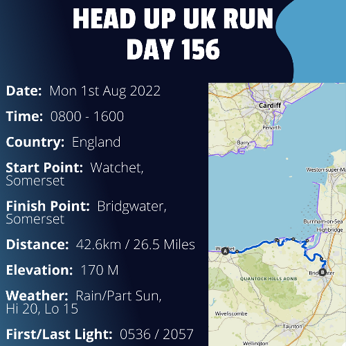 Run Route Day 156 -  Watchet, Somerset - Bridgwater, Somerset If you would like to join Paul along this route or part of it, please feel free to turn up on the day. If you are able to set up a fundraiser at the same time, even better! Please go to the 'Paul's Run' page a select the fundraise for Pauls event link. This will take you to the JustGiving account where you can then set up your own fundraiser.If you are part of a group, business, organisation or establishment and would like to help or be involved on the day, please get in touch at paul@head-up.org.ukIf you are able to put a poster up anywhere in your local area, Please ask and we will be happy to send you as many copies as you need.