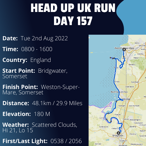 Run Route Day 157 -  Bridgwater, Somerset - Western-Super-Mare, Somerset If you would like to join Paul along this route or part of it, please feel free to turn up on the day. If you are able to set up a fundraiser at the same time, even better! Please go to the 'Paul's Run' page a select the fundraise for Pauls event link. This will take you to the JustGiving account where you can then set up your own fundraiser.If you are part of a group, business, organisation or establishment and would like to help or be involved on the day, please get in touch at paul@head-up.org.ukIf you are able to put a poster up anywhere in your local area, Please ask and we will be happy to send you as many copies as you need.