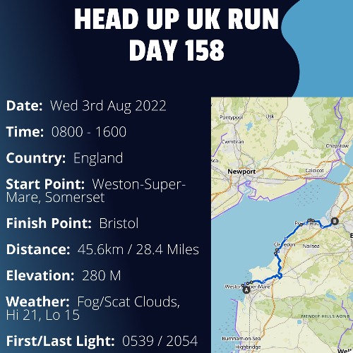 Run Route Day 158 - Western-Super-Mare, Somerset - Bristol If you would like to join Paul along this route or part of it, please feel free to turn up on the day. If you are able to set up a fundraiser at the same time, even better! Please go to the 'Paul's Run' page a select the fundraise for Pauls event link. This will take you to the JustGiving account where you can then set up your own fundraiser.If you are part of a group, business, organisation or establishment and would like to help or be involved on the day, please get in touch at paul@head-up.org.ukIf you are able to put a poster up anywhere in your local area, Please ask and we will be happy to send you as many copies as you need.