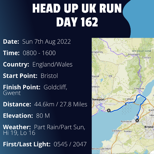 Run Route Day 162 - Bristol - Goldcliff, Gwent If you would like to join Paul along this route or part of it, please feel free to turn up on the day. If you are able to set up a fundraiser at the same time, even better! Please go to the 'Paul's Run' page a select the fundraise for Pauls event link. This will take you to the JustGiving account where you can then set up your own fundraiser.If you are part of a group, business, organisation or establishment and would like to help or be involved on the day, please get in touch at paul@head-up.org.ukIf you are able to put a poster up anywhere in your local area, Please ask and we will be happy to send you as many copies as you need.