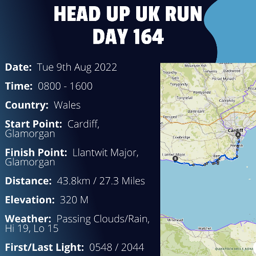 Run Route Day 164 - Cardiff, Glamorgan - Llantwit Major, Glamorgan If you would like to join Paul along this route or part of it, please feel free to turn up on the day. If you are able to set up a fundraiser at the same time, even better! Please go to the 'Paul's Run' page a select the fundraise for Pauls event link. This will take you to the JustGiving account where you can then set up your own fundraiser.

If you are part of a group, business, organisation or establishment and would like to help or be involved on the day, please get in touch at paul@head-up.org.uk

If you are able to put a poster up anywhere in your local area, Please ask and we will be happy to send you as many copies as you need.