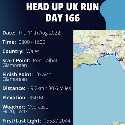 Run Route Day 166 - Port Talbot, Glamorgan - Oxwich, Glamorgan If you would like to join Paul along this route or part of it, please feel free to turn up on the day. If you are able to set up a fundraiser at the same time, even better! Please go to the 'Paul's Run' page a select the fundraise for Pauls event link. This will take you to the JustGiving account where you can then set up your own fundraiser.

If you are part of a group, business, organisation or establishment and would like to help or be involved on the day, please get in touch at paul@head-up.org.uk

If you are able to put a poster up anywhere in your local area, Please ask and we will be happy to send you as many copies as you need.