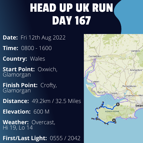 Run Route Day 167 - Oxwich, Glamorgan - Crofty, Glamorgan If you would like to join Paul along this route or part of it, please feel free to turn up on the day. If you are able to set up a fundraiser at the same time, even better! Please go to the 'Paul's Run' page a select the fundraise for Pauls event link. This will take you to the JustGiving account where you can then set up your own fundraiser.If you are part of a group, business, organisation or establishment and would like to help or be involved on the day, please get in touch at paul@head-up.org.ukIf you are able to put a poster up anywhere in your local area, Please ask and we will be happy to send you as many copies as you need.