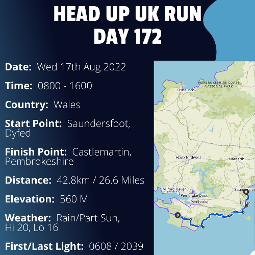 Run Route Day 172 - Saundersfoot, Dyfed - Castlemartin, Pembrokeshire If you would like to join Paul along this route or part of it, please feel free to turn up on the day. If you are able to set up a fundraiser at the same time, even better! Please go to the 'Paul's Run' page a select the fundraise for Pauls event link. This will take you to the JustGiving account where you can then set up your own fundraiser.If you are part of a group, business, organisation or establishment and would like to help or be involved on the day, please get in touch at paul@head-up.org.ukIf you are able to put a poster up anywhere in your local area, Please ask and we will be happy to send you as many copies as you need.