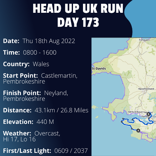 Run Route Day 173 - Castlemartin, Pembrokeshire - Neyland, Pembrokeshire If you would like to join Paul along this route or part of it, please feel free to turn up on the day. If you are able to set up a fundraiser at the same time, even better! Please go to the 'Paul's Run' page a select the fundraise for Pauls event link. This will take you to the JustGiving account where you can then set up your own fundraiser.If you are part of a group, business, organisation or establishment and would like to help or be involved on the day, please get in touch at paul@head-up.org.ukIf you are able to put a poster up anywhere in your local area, Please ask and we will be happy to send you as many copies as you need.