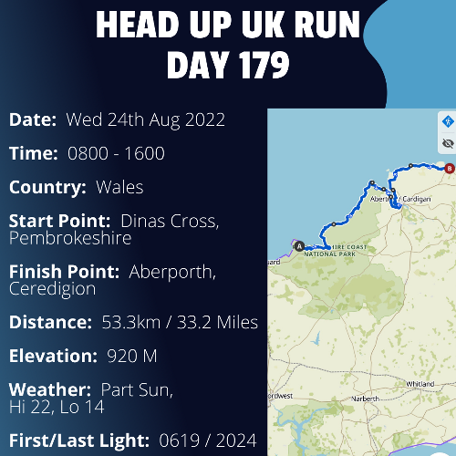 Run Route Day 179 - Dinas Cross, Pembrokeshire - Aberporth, Ceredigion If you would like to join Paul along this route or part of it, please feel free to turn up on the day. If you are able to set up a fundraiser at the same time, even better! Please go to the 'Paul's Run' page a select the fundraise for Pauls event link. This will take you to the JustGiving account where you can then set up your own fundraiser.If you are part of a group, business, organisation or establishment and would like to help or be involved on the day, please get in touch at paul@head-up.org.ukIf you are able to put a poster up anywhere in your local area, Please ask and we will be happy to send you as many copies as you need.