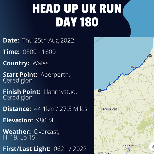 Run Route Day 180 - Aberporth, Ceredigion - Llanrhystud, Ceredigion If you would like to join Paul along this route or part of it, please feel free to turn up on the day. If you are able to set up a fundraiser at the same time, even better! Please go to the 'Paul's Run' page a select the fundraise for Pauls event link. This will take you to the JustGiving account where you can then set up your own fundraiser.If you are part of a group, business, organisation or establishment and would like to help or be involved on the day, please get in touch at paul@head-up.org.ukIf you are able to put a poster up anywhere in your local area, Please ask and we will be happy to send you as many copies as you need.