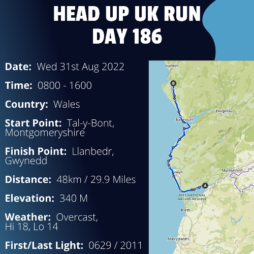 Run Route Day 186 - Tal-Y-Bont, Montgomeryshire - Llanbedr, Gwynedd If you would like to join Paul along this route or part of it, please feel free to turn up on the day. If you are able to set up a fundraiser at the same time, even better! Please go to the 'Paul's Run' page a select the fundraise for Pauls event link. This will take you to the JustGiving account where you can then set up your own fundraiser.If you are part of a group, business, organisation or establishment and would like to help or be involved on the day, please get in touch at paul@head-up.org.ukIf you are able to put a poster up anywhere in your local area, Please ask and we will be happy to send you as many copies as you need.