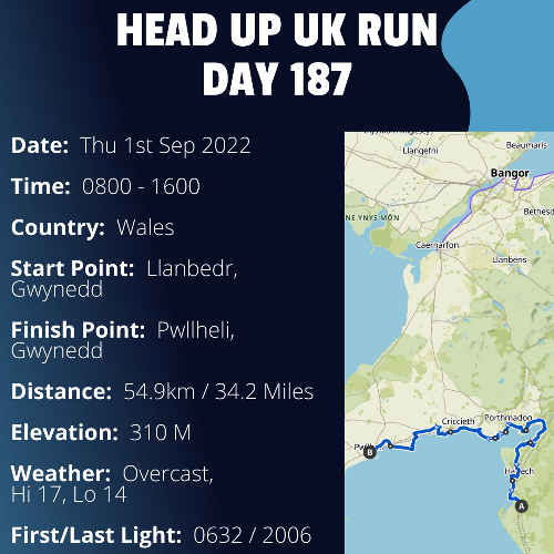 Run Route Day 187 - Llanbedr, Gwynedd - Pwllheli, Gwynedd If you would like to join Paul along this route or part of it, please feel free to turn up on the day. If you are able to set up a fundraiser at the same time, even better! Please go to the 'Paul's Run' page a select the fundraise for Pauls event link. This will take you to the JustGiving account where you can then set up your own fundraiser.If you are part of a group, business, organisation or establishment and would like to help or be involved on the day, please get in touch at paul@head-up.org.ukIf you are able to put a poster up anywhere in your local area, Please ask and we will be happy to send you as many copies as you need.