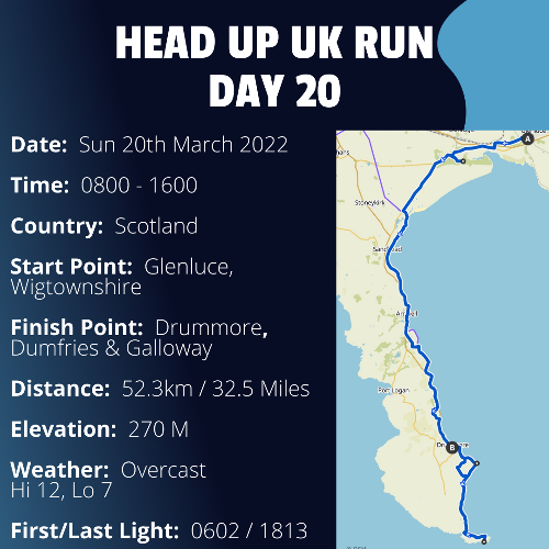 Run Route Day 20 - Glenluce, Wigtownshire - Drunmore, Dumfries and Galloway If you would like to join Paul along this route or part of it, please feel free to turn up on the day. If you are able to set up a fundraiser at the same time, even better! Please go to the 'Paul's Run' page a select the fundraise for Pauls event link. This will take you to the JustGiving account where you can then set up your own fundraiser.If you are part of a group, business, organisation or establishment and would like to help or be involved on the day, please get in touch at paul@head-up.org.uk