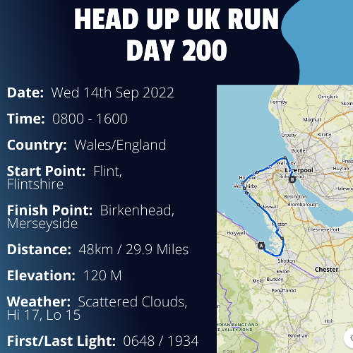 Run Route Day 200 - Flint, Flintshire - Birkenhead, Merseyside If you would like to join Paul along this route or part of it, please feel free to turn up on the day. If you are able to set up a fundraiser at the same time, even better! Please go to the 'Paul's Run' page a select the fundraise for Pauls event link. This will take you to the JustGiving account where you can then set up your own fundraiser.If you are part of a group, business, organisation or establishment and would like to help or be involved on the day, please get in touch at paul@head-up.org.ukIf you are able to put a poster up anywhere in your local area, Please ask and we will be happy to send you as many copies as you need.