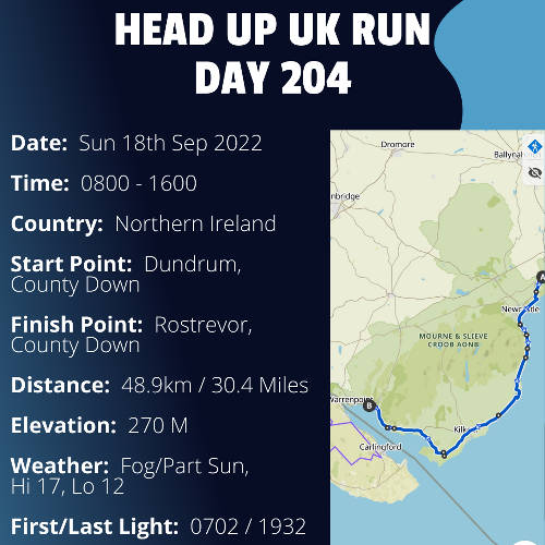 Run Route Day 204 - Dundrum, County Down - Rostrevor, County Down If you would like to join Paul along this route or part of it, please feel free to turn up on the day. If you are able to set up a fundraiser at the same time, even better! Please go to the 'Paul's Run' page a select the fundraise for Pauls event link. This will take you to the JustGiving account where you can then set up your own fundraiser.If you are part of a group, business, organisation or establishment and would like to help or be involved on the day, please get in touch at paul@head-up.org.ukIf you are able to put a poster up anywhere in your local area, Please ask and we will be happy to send you as many copies as you need.