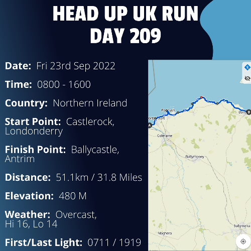 Run Route Day 209 - Coleraine, Londonderry - Ballycastle, Antrim If you would like to join Paul along this route or part of it, please feel free to turn up on the day. If you are able to set up a fundraiser at the same time, even better! Please go to the 'Paul's Run' page a select the fundraise for Pauls event link. This will take you to the JustGiving account where you can then set up your own fundraiser.

If you are part of a group, business, organisation or establishment and would like to help or be involved on the day, please get in touch at paul@head-up.org.uk

If you are able to put a poster up anywhere in your local area, Please ask and we will be happy to send you as many copies as you need.
