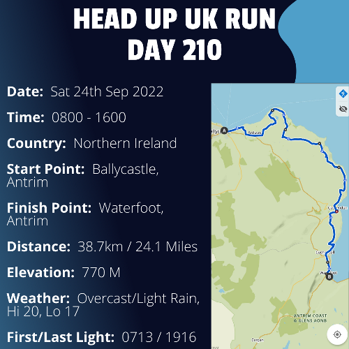 Run Route Day 210 - Ballycastle, Antrim - Waterfoot, Antrim If you would like to join Paul along this route or part of it, please feel free to turn up on the day. If you are able to set up a fundraiser at the same time, even better! Please go to the 'Paul's Run' page a select the fundraise for Pauls event link. This will take you to the JustGiving account where you can then set up your own fundraiser.If you are part of a group, business, organisation or establishment and would like to help or be involved on the day, please get in touch at paul@head-up.org.ukIf you are able to put a poster up anywhere in your local area, Please ask and we will be happy to send you as many copies as you need.
