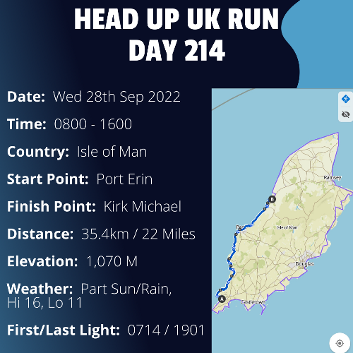Run Route Day 214 - Port Erin, IoM - Kirk Michael, IoM If you would like to join Paul along this route or part of it, please feel free to turn up on the day. If you are able to set up a fundraiser at the same time, even better! Please go to the 'Paul's Run' page a select the fundraise for Pauls event link. This will take you to the JustGiving account where you can then set up your own fundraiser.If you are part of a group, business, organisation or establishment and would like to help or be involved on the day, please get in touch at paul@head-up.org.ukIf you are able to put a poster up anywhere in your local area, Please ask and we will be happy to send you as many copies as you need.