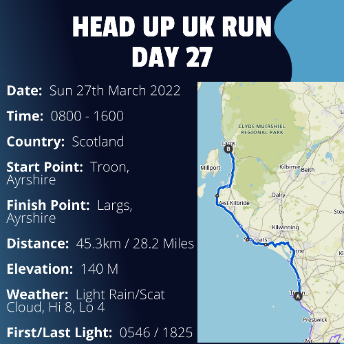 Run Route Day 27 - Troon, Ayrshire - Largs, Ayrshire If you would like to join Paul along this route or part of it, please feel free to turn up on the day. If you are able to set up a fundraiser at the same time, even better! Please go to the 'Paul's Run' page a select the fundraise for Pauls event link. This will take you to the JustGiving account where you can then set up your own fundraiser.If you are part of a group, business, organisation or establishment and would like to help or be involved on the day, please get in touch at paul@head-up.org.uk
