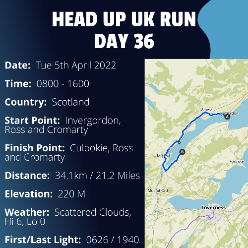 Run Route Day 36 - Invergordon, Ross and Cromarty - Culbokie, Ross and Cromarty If you would like to join Paul along this route or part of it, please feel free to turn up on the day. If you are able to set up a fundraiser at the same time, even better! Please go to the 'Paul's Run' page a select the fundraise for Pauls event link. This will take you to the JustGiving account where you can then set up your own fundraiser.If you are part of a group, business, organisation or establishment and would like to help or be involved on the day, please get in touch at paul@head-up.org.ukIf you are able to put a poster up anywhere in your local area, Please ask and we will be happy to send you as many copies as you need.
