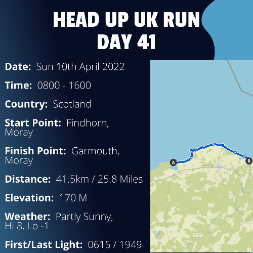Run Route Day 41 - Findhorn, Moray - Garmouth, Moray If you would like to join Paul along this route or part of it, please feel free to turn up on the day. If you are able to set up a fundraiser at the same time, even better! Please go to the 'Paul's Run' page a select the fundraise for Pauls event link. This will take you to the JustGiving account where you can then set up your own fundraiser.If you are part of a group, business, organisation or establishment and would like to help or be involved on the day, please get in touch at paul@head-up.org.ukIf you are able to put a poster up anywhere in your local area, Please ask and we will be happy to send you as many copies as you need.
