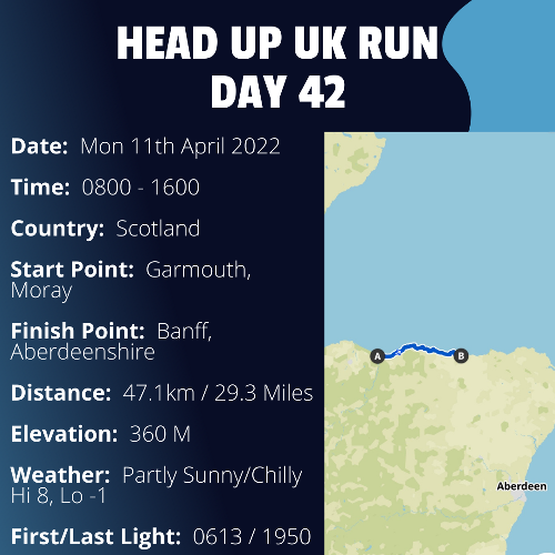 Run Route Day 42 - Garmouth, Moray - Banff, Aberdeenshire If you would like to join Paul along this route or part of it, please feel free to turn up on the day. If you are able to set up a fundraiser at the same time, even better! Please go to the 'Paul's Run' page a select the fundraise for Pauls event link. This will take you to the JustGiving account where you can then set up your own fundraiser.

If you are part of a group, business, organisation or establishment and would like to help or be involved on the day, please get in touch at paul@head-up.org.uk

If you are able to put a poster up anywhere in your local area, Please ask and we will be happy to send you as many copies as you need.