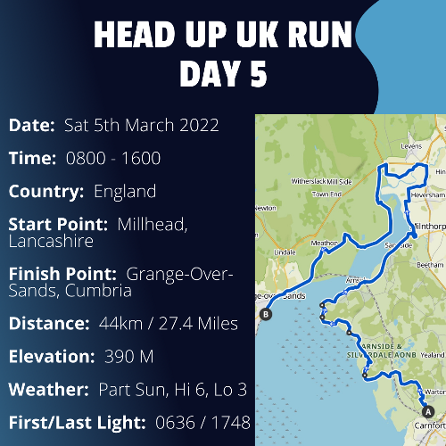 Run Route Day 5 - Millhead, Lancashire - Grange-Over-Sands, Cumbria If you would like to join Paul along this route or part of it, please feel free to turn up on the day. If you are able to set up a fundraiser at the same time, even better! Please go to the 'Paul's Run' page a select the fundraise for Pauls event link. This will take you to the JustGiving account where you can then set up your own fundraiser.

If you are part of a group, business, organisation or establishment and would like to help or be involved on the day, please get in touch at paul@head-up.org.uk