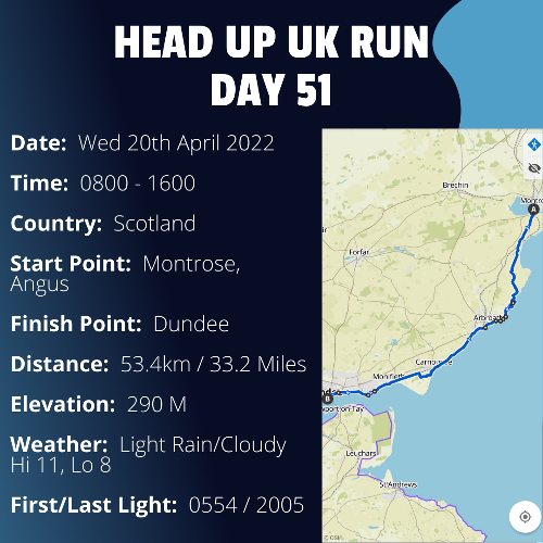 Run Route Day 51 - Montrose, Angus - Dundee If you would like to join Paul along this route or part of it, please feel free to turn up on the day. If you are able to set up a fundraiser at the same time, even better! Please go to the 'Paul's Run' page a select the fundraise for Pauls event link. This will take you to the JustGiving account where you can then set up your own fundraiser.If you are part of a group, business, organisation or establishment and would like to help or be involved on the day, please get in touch at paul@head-up.org.ukIf you are able to put a poster up anywhere in your local area, Please ask and we will be happy to send you as many copies as you need.