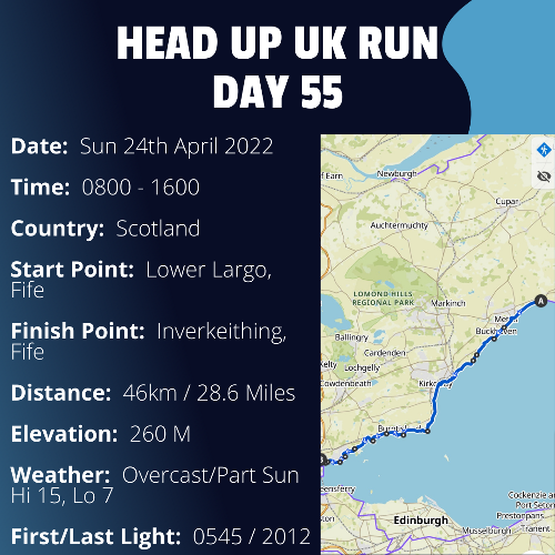 Run Route Day 55 - Lower Largo, Fife - Inverkeithing, Fife If you would like to join Paul along this route or part of it, please feel free to turn up on the day. If you are able to set up a fundraiser at the same time, even better! Please go to the 'Paul's Run' page a select the fundraise for Pauls event link. This will take you to the JustGiving account where you can then set up your own fundraiser.If you are part of a group, business, organisation or establishment and would like to help or be involved on the day, please get in touch at paul@head-up.org.ukIf you are able to put a poster up anywhere in your local area, Please ask and we will be happy to send you as many copies as you need.