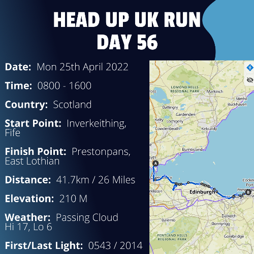 Run Route Day 56 - Inverkeithing, Fife - Prestonpans, East Lothian If you would like to join Paul along this route or part of it, please feel free to turn up on the day. If you are able to set up a fundraiser at the same time, even better! Please go to the 'Paul's Run' page a select the fundraise for Pauls event link. This will take you to the JustGiving account where you can then set up your own fundraiser.If you are part of a group, business, organisation or establishment and would like to help or be involved on the day, please get in touch at paul@head-up.org.ukIf you are able to put a poster up anywhere in your local area, Please ask and we will be happy to send you as many copies as you need.