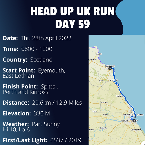 Run Route Day 59 - Eyemouth, Berwickshire - Spittal, Perth and Kinross If you would like to join Paul along this route or part of it, please feel free to turn up on the day. If you are able to set up a fundraiser at the same time, even better! Please go to the 'Paul's Run' page a select the fundraise for Pauls event link. This will take you to the JustGiving account where you can then set up your own fundraiser.

If you are part of a group, business, organisation or establishment and would like to help or be involved on the day, please get in touch at paul@head-up.org.uk

If you are able to put a poster up anywhere in your local area, Please ask and we will be happy to send you as many copies as you need.
