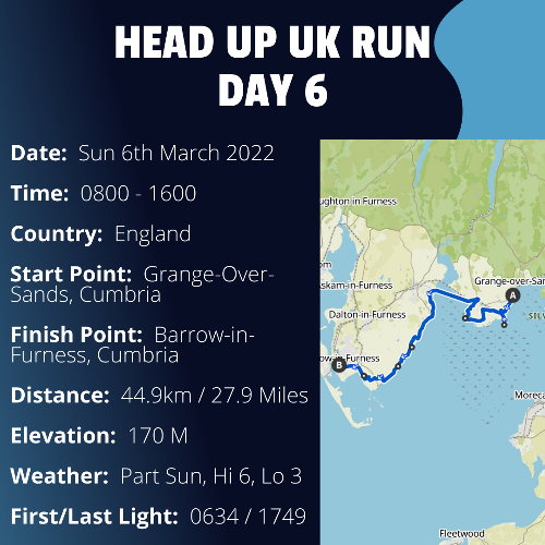 Run Route Day 6 - Grange-Over-Sands, Cumbria - Barrow-in-Furness, Cumbria If you would like to join Paul along this route or part of it, please feel free to turn up on the day. If you are able to set up a fundraiser at the same time, even better! Please go to the 'Paul's Run' page a select the fundraise for Pauls event link. This will take you to the JustGiving account where you can then set up your own fundraiser.If you are part of a group, business, organisation or establishment and would like to help or be involved on the day, please get in touch at paul@head-up.org.uk